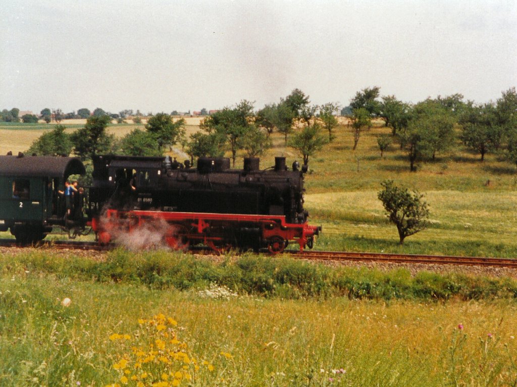 BR 91 auf der Strecke bei Bindesrsleben, um 1990