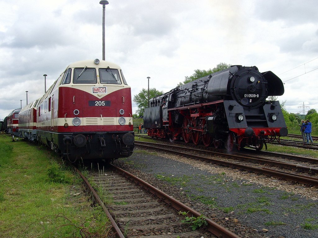 Dampflok 01 neben Diesellok ex V180, Bw Weimar 2010
