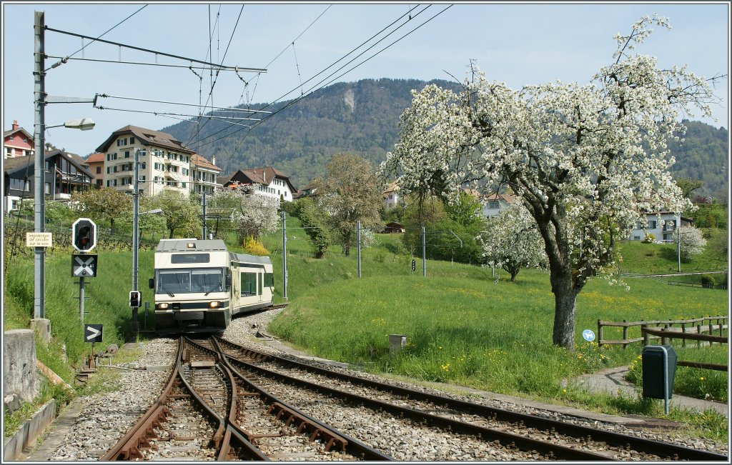 Fr�hling in St-L�gier Gare. 
Ein CEV GTW von Blonay nach Vevey erreicht den Bahnhof St-L�gier. 
11. April 2011
