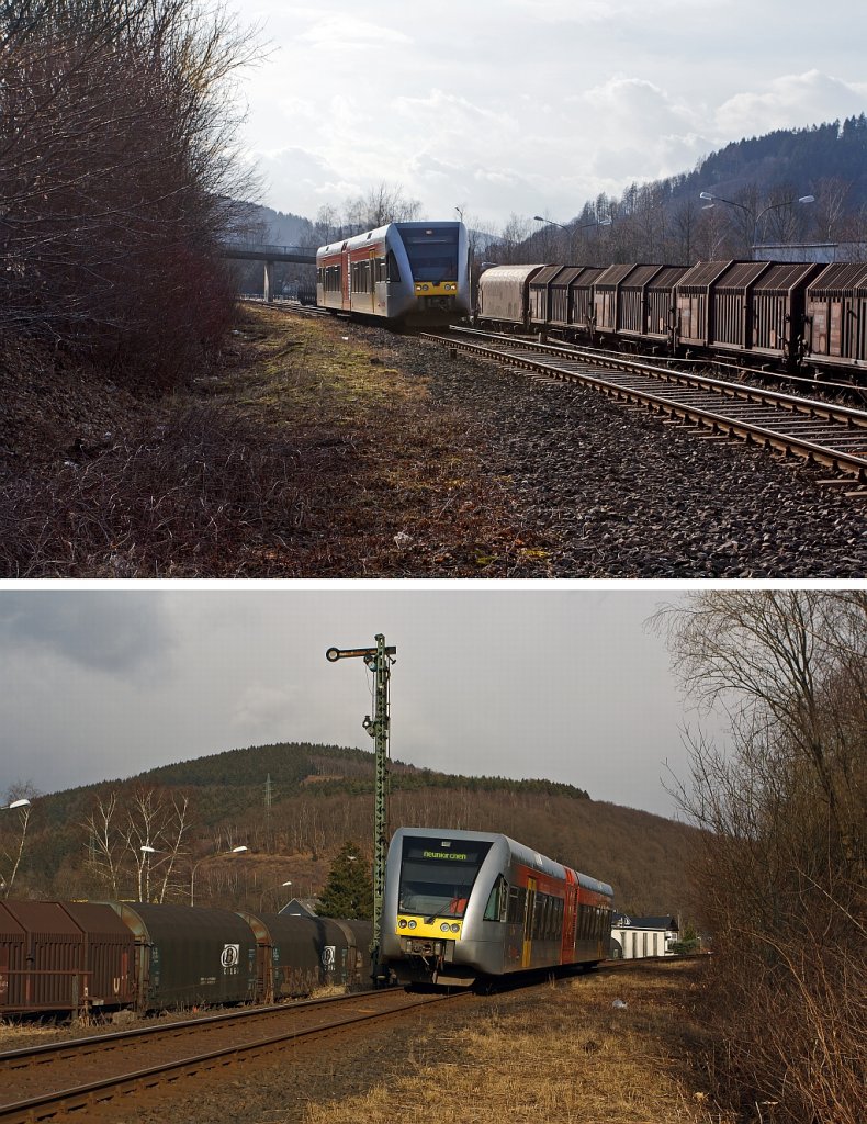 Hier mal ein Vergleich, von vorne im Gegenlicht und als Nachschu� mit der Sonne.
Ein GTW 2/6 der Hellertalbahn, f�hrt am 08.03.2012 von Herdorf weiter in Richtung Neukirchen. 