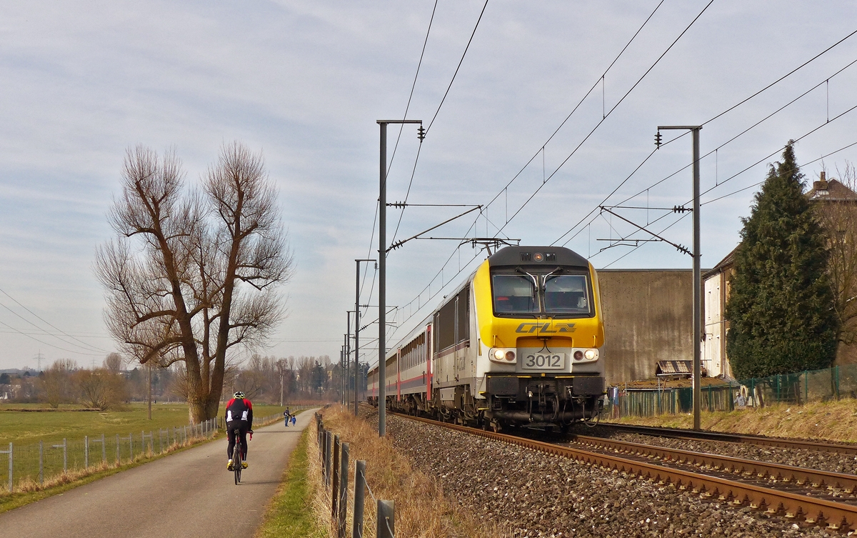 . Am 08.03.2015, dem ersten fr�hlingshaften Tag f�r dieses Jahr, machten wir uns auf an die Nordstrecke zwischen Lintgen und Mersch. Der sch�ne alte Baum hat den radikalen Schnitt bestens �berstanden und treibt zahlreiche neue �ste aus. Der IC 112 Liers - Luxembourg wird von der 3012 in Rollingen/Mersch am Baum vorbei durch das Tal der Alzette gezogen, w�hrend Radfahrer und Wanderer sich den Weg zwischen Lintgen und Mersch teilen. (Jeanny)