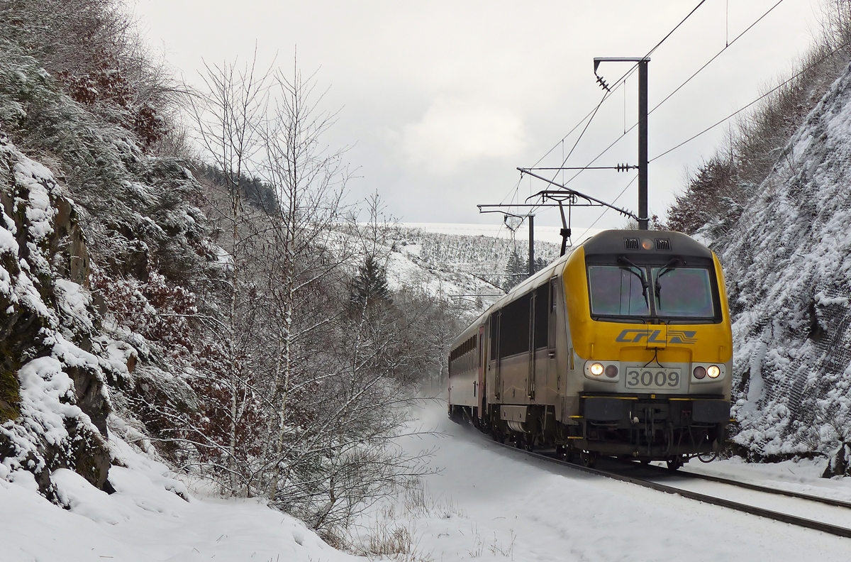 . Der IC 113 Luxembourg - Liers hat soeben die nicht mehr existierende Haltestelle Maulusm�hle durchfahren und befindet sich jetzt auf dem Weg zum Bahnhof von Troisvierges. 02.02.2015 (Jeanny)