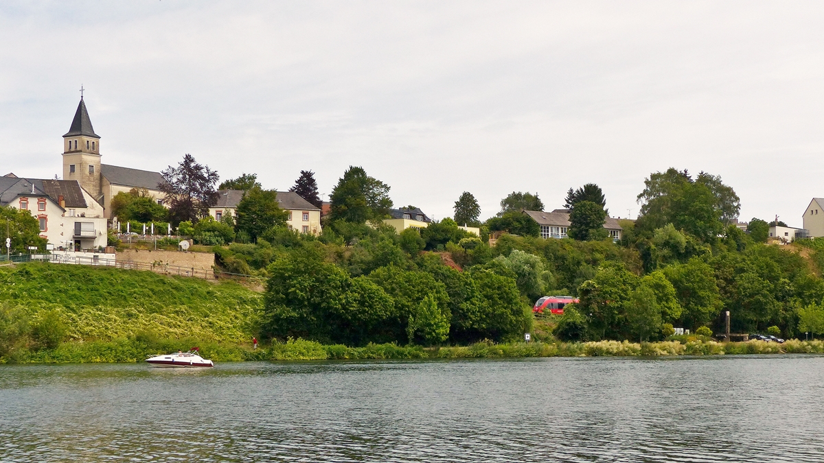 . Motiv verdeckt - Gestern hatten wir es gewagt, mal wieder einen Tagesausflug zu machen. Wir fuhren an die Mosel und legten in Stadtbredimus eine Rast ein. Von dort aus hat man eine tolle Sicht auf das deutsche Moselufer und den Ort Palzem. Ein Hamster f�hrt auf der Obermoselstrecke in Richtung Trier und n�hert sich leider von viel Geb�sch verdeckt der Haltestelle Palzem. 12.07.2015 (Jeanny) 