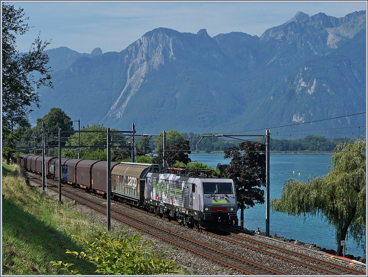 Auf der Suche nach einer einigermassen lichtverträglichen Fotostelle für eine der beiden MRCE  NOVELIS  189, stieß ich auf den Kilometer 28.4 der Simlonlinie bei Villeneuve und ich hatte Glück, die MRCE 189 094  Sierre  (UIC 91 80 6 189 994-7 D-Dispo Class VE) mit ihrem Novelis Zug von Sierre nach Göttingen kam gerade rechtzeitig.
2. August 2017