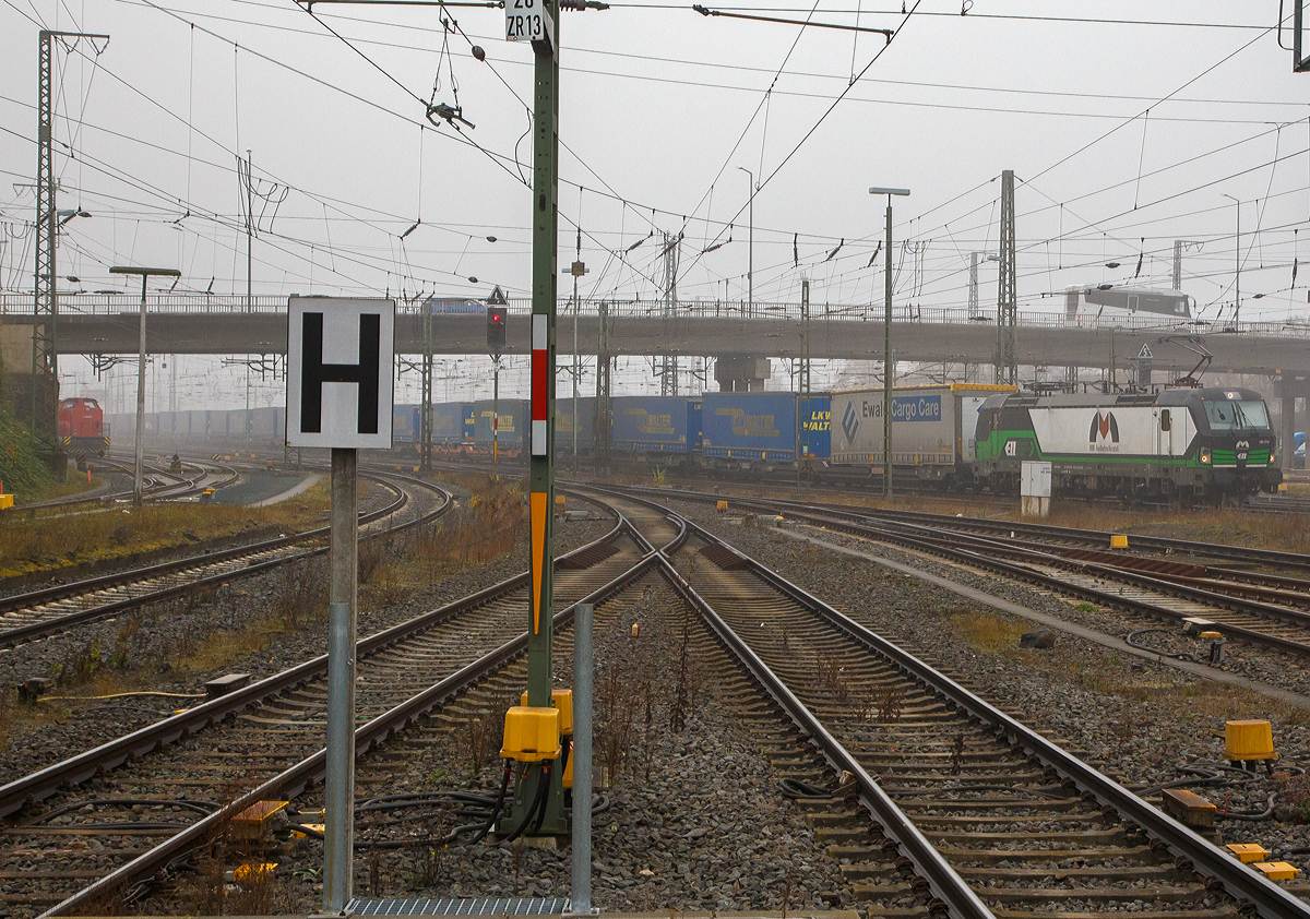 Aus dem Nebel kommend....
Die an die MMV-Rail Austria Ges.m.b.H.( Wiener Neudorf)  vermietete Siemens Vectron 193 212 (91 80 6193 212-8 D-ELOC) der European Locomotive Leasing, fährt am 12.11.2021 mit einem KLV-Zug durch den Bahnhof Gießen in nördlicher Richtung (Marburg). 

Die Siemens Vectron AC  wurde 2014 von Siemens Mobilitiy in München-Allach unter der Fabriknummer  21912 gebaut. Diese Vectron Lokomotive ist als AC– Lokomotive (Wechselstrom-Variante) mit 6.400 kW konzipiert und zugelassen für Deutschland, Österreich, Ungarn und Rumänien (D/A/H/RO) , sie hat eine Höchstgeschwindigkeit von 160 km/h.
