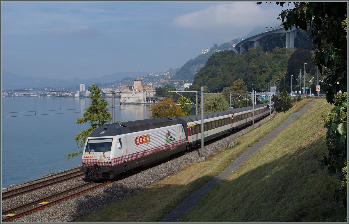 Das Tischtuch (Re 460 083-9) flattert am Château de Chillon vorbei.
2. Okt. 2015