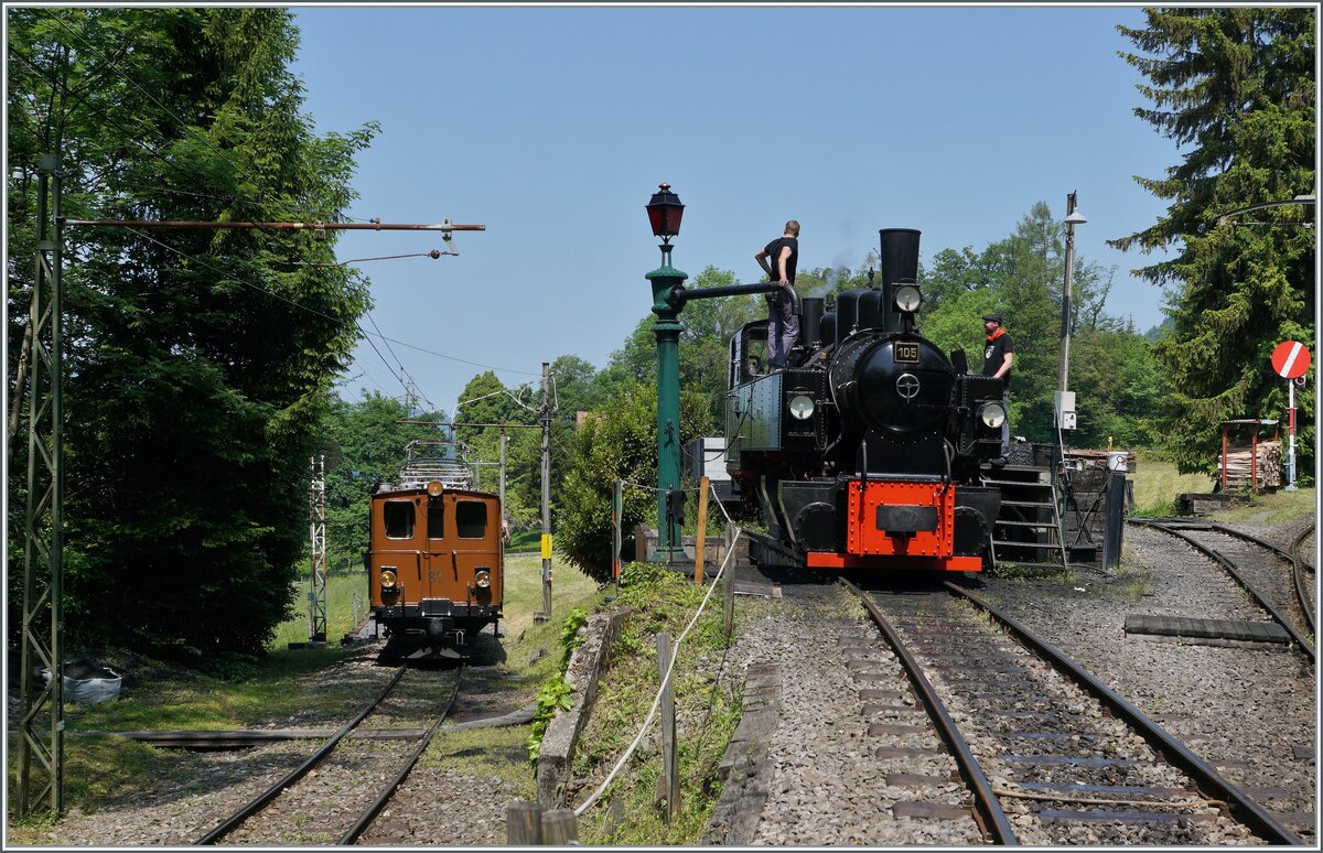 Das traditionelle Festival Suisse de la vapeur / Schweizer Dampffestival 2023 der Blonay Chamby Bahn bietet neben viel Dampf auch die eine oder andere elektrische Leistung, dieses Jahr zum Beispiel die hier zu sehende Bernina Bahn RhB Ge 4/4 81 bei der Ankunft in Chaulin. Im Vordergrund  wird die aus Vevey eingetroffen SEG G 2x2/2 105 mit Wasser und Kohle versorgt.

29. Mai 2023