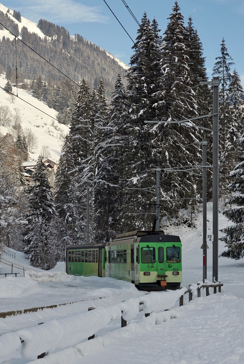 Der ASD BDe 4/4 403 mit dem führenden Bt 434 lassen den Halt Vers l'Eglise hinter sich und fahren im nahen Ziel Les Diablerets entgegen. Die Wintersonne ist zur Zeit so tief, dass den verschneiten Talboden bei Vers l'Eglise noch nicht erreicht.

4. Januar 2021
