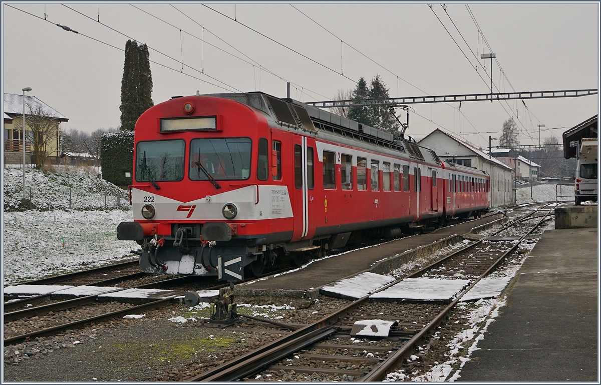 Der CJ Pendelzug RBDe 4/4 I 222 mit ABt in Bonfol. 
11. Jan. 2019