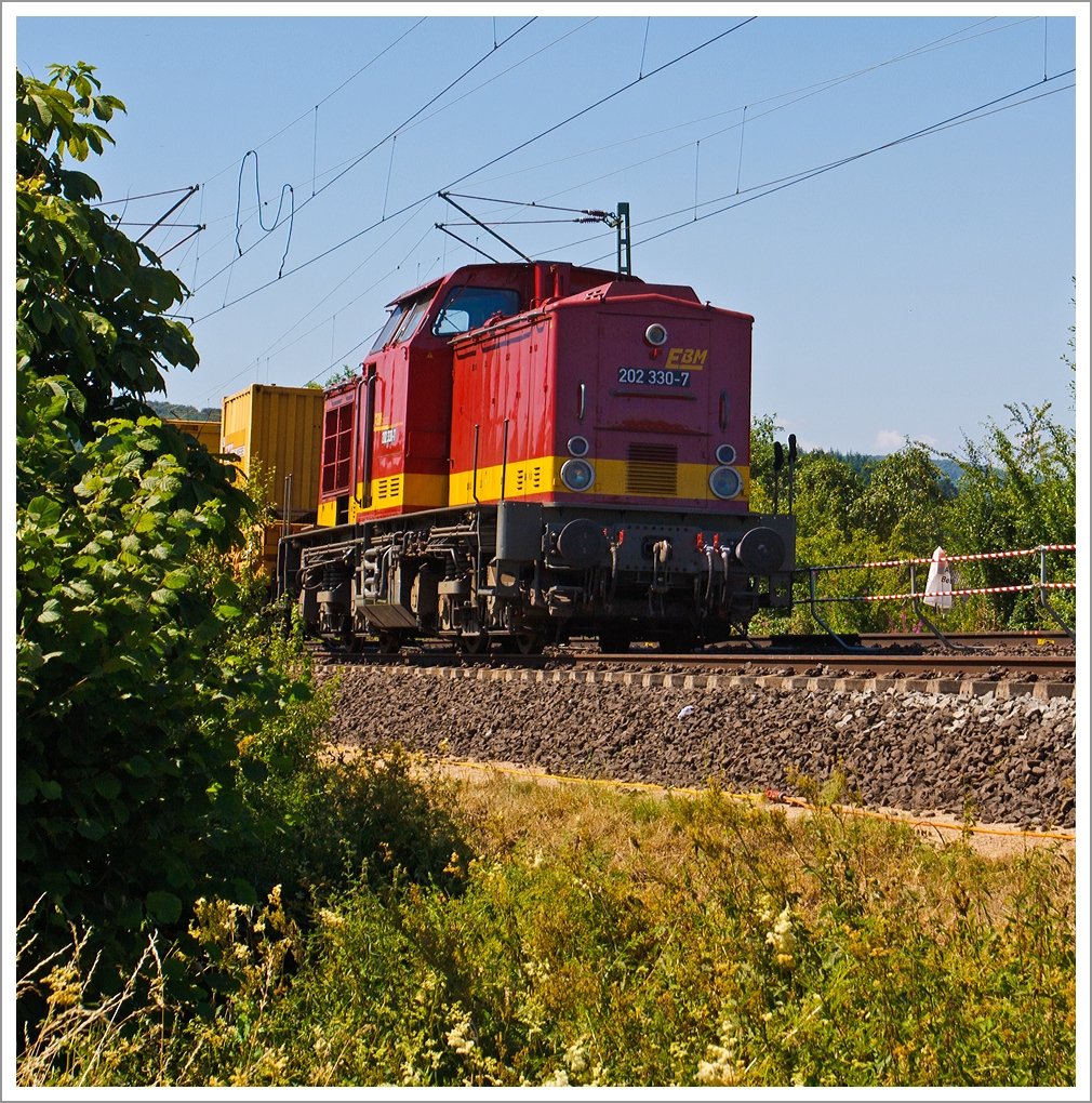 
Die 202 330-7 der  EBM Cargo GmbH (ex DR 110 330-8, ex DR 112 330-6) am 20.07.2013 im Bauzugdienst (mit MFS-Wagen) in Katzenfurt  (Lahn-Dill-Kreis) an der KBS 445  Dillstrecke . 

Die V 100.1 wurde 1971 bei LEW (VEB Lokomotivbau Elektrotechnische Werke  Hans Beimler , Hennigsdorf) unter der Fabrik-Nr. 12839 gebaut und als 110 330-8 an die DR geliefert.  Ein Umbau (Remotorisierung) in 112 330-6 erfolgte 1990, 1992 wurde sie dann in DR 202 330-7 umgezeichnet und zum 01.01.1994 lief sie dann als DB 202 330-7 bis sie im Jahr 2000 dort  z-gestellt und ausgemustert wurde. 
Nach vielen Stationen und 3 Farbwechsel kam sie  2011 zur EBM Cargo GmbH (Gummersbach) als 202 330-7, hier trägt sie nun die NVR-Nummer 92 80 1202 330-7 D-EBM.
