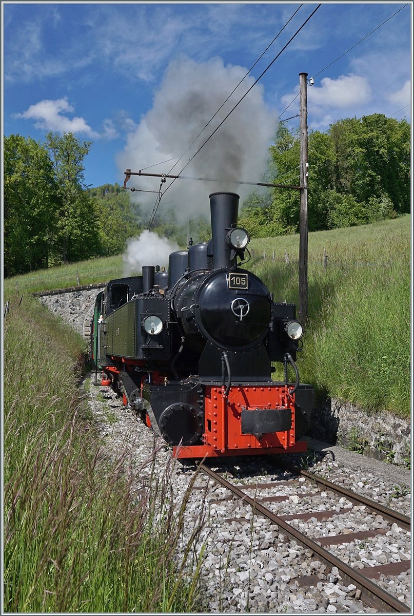 Die G 2x 2/2 105 der Blonay-Chamby Bahn ist auf dem Weg nach Chamby und erreicht in Kürze den Haltepunkt Cornaux. 

23. Mai 2021