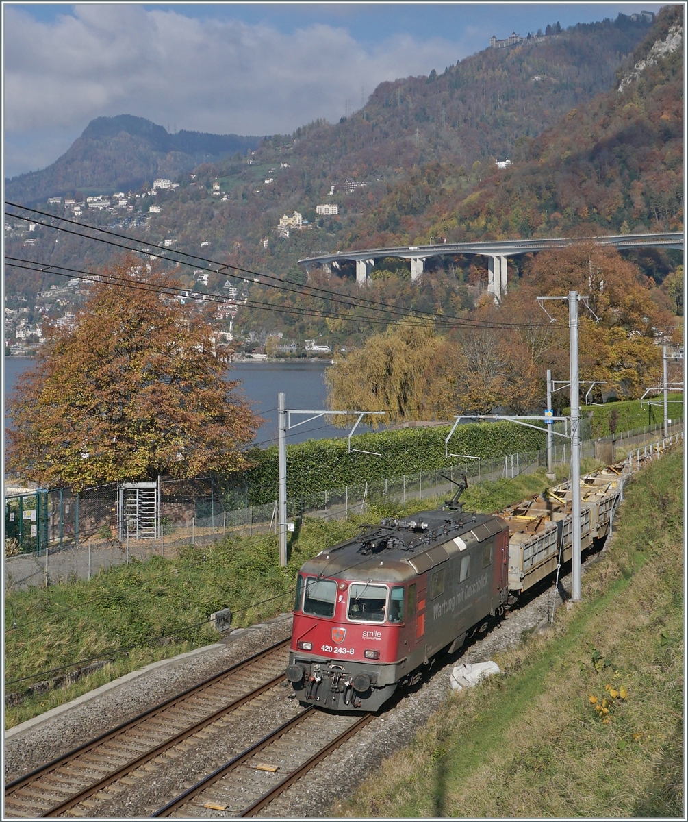 Die SBB Cargo Re 4/4 II 11243 (Re 420 243-8)  Wartung mit Durchblick  erreicht mit einem Güterzug den Bahnhof von Villeneuve. 

14. Nov. 2024