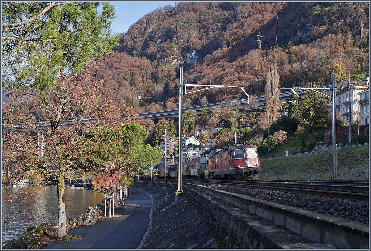 Die SBB Re 420 323-5 mit einem Güterzug in einer der spätherbstlichen Landschaft kurz vor Villeneuve.


28. Nov. 2018