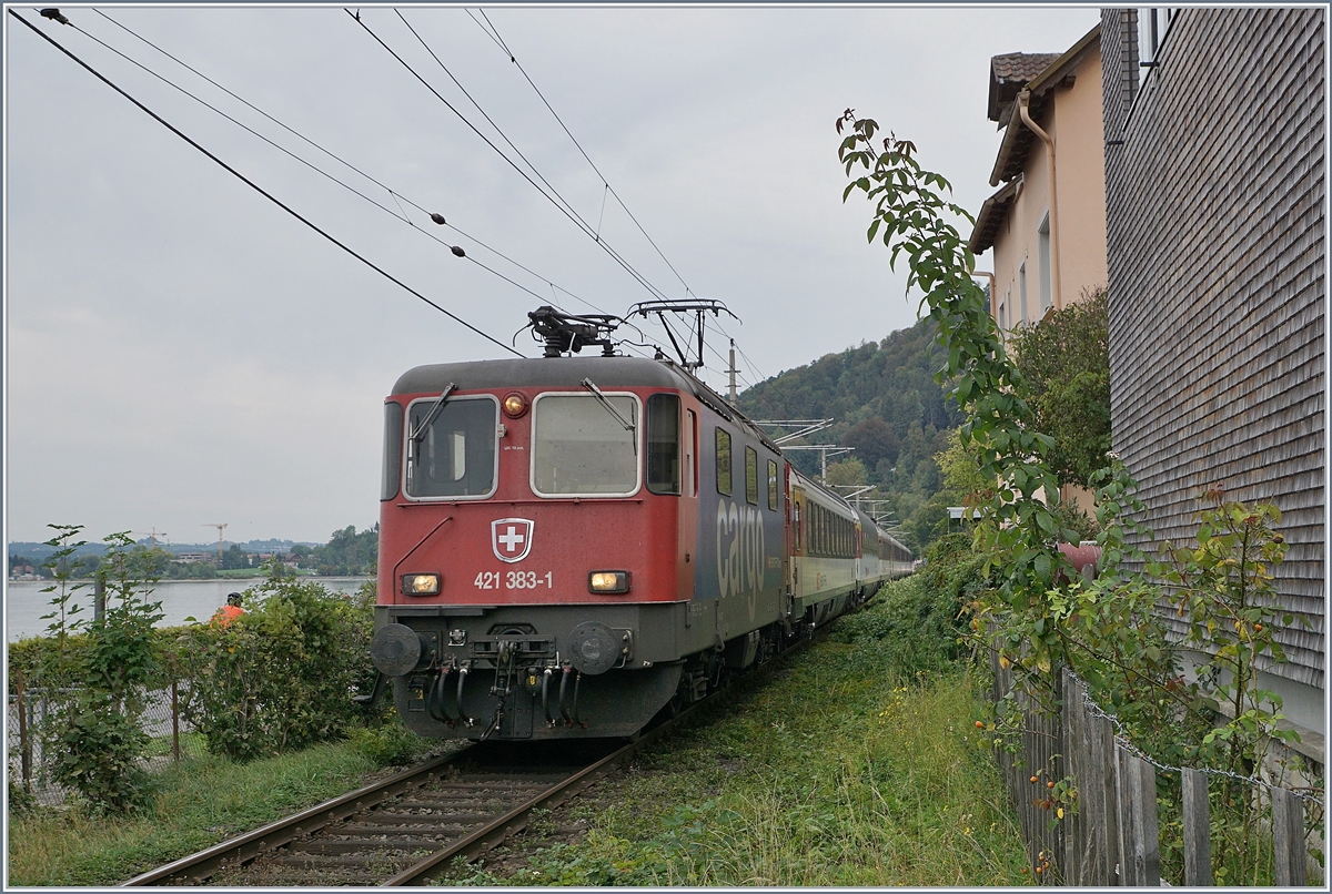 Die SBB Re 421 383-1 mit einem EC von München nach Zürich kurz vor der Ankunft in Bregenz. 

21. Sept. 2018