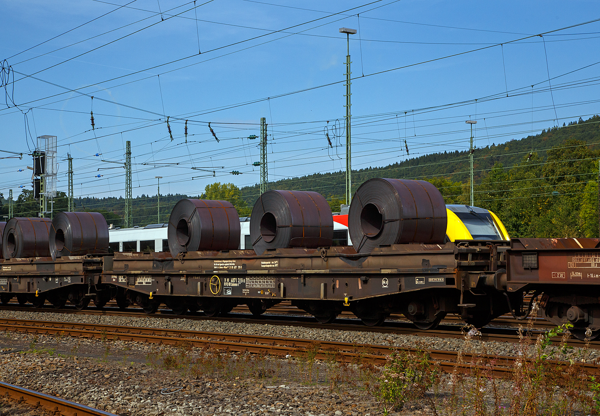 Drehgestellflachwagen mit sechs Radsätzen, mit aufgesetzten Gestell mit Lademulden für Coiltransporte (Blechrollen), 31 80 4871 319-8 D-DB. der Gattung Sahmms-t 710, der DB Cargo AG, am 03.09.2019 im Zugverband bei einer in Zugdurchfahrt in Betzdorf(Sieg).

Auf den eigentlichen Drehgestell-Flachwagen ist ein Ladegestell aufgesetzt, im dem sich 7 Lademulden für Coils befinden. Bei Bedarf kann das Ladegestell abgehoben werden und der Wagen kann so für andere Güter verwendet werden.

Technische Daten:
Spurweite: 1.435 mm
Anzahl der Achsen: 6 in zwei Drehgestellen
Länge über Puffer: 16.400 mm
Drehzapfenabstand: 8.400 mm
Achsabstand im Drehgestell: 3.400 (2 × 1.700) mm
Ladelänge: 15.000 mm
Ladebreite in den Mulden (Sahmms-t): 2.450 mm
max Coil-Ø: 2.200 mm
Höchstgeschwindigkeit: 100 km/h (beladen) /120 km/h (leer)
Maximales Ladegewicht ab Streckenklasse D: 69,5 t 
Maximales Ladegewicht ab Streckenklasse CE: 84,5 t (Streckenklasse CE oder höher)
Eigengewicht: 35.090 kg
Achslast: 20 t
Kleinster bef. Gleisbogenradius: 80 m
Bauart der Bremse: KE-GP
Bremssohle: IB 116
Handbremse: Fbr  
Intern. Verwendungsfähigkeit: RIV