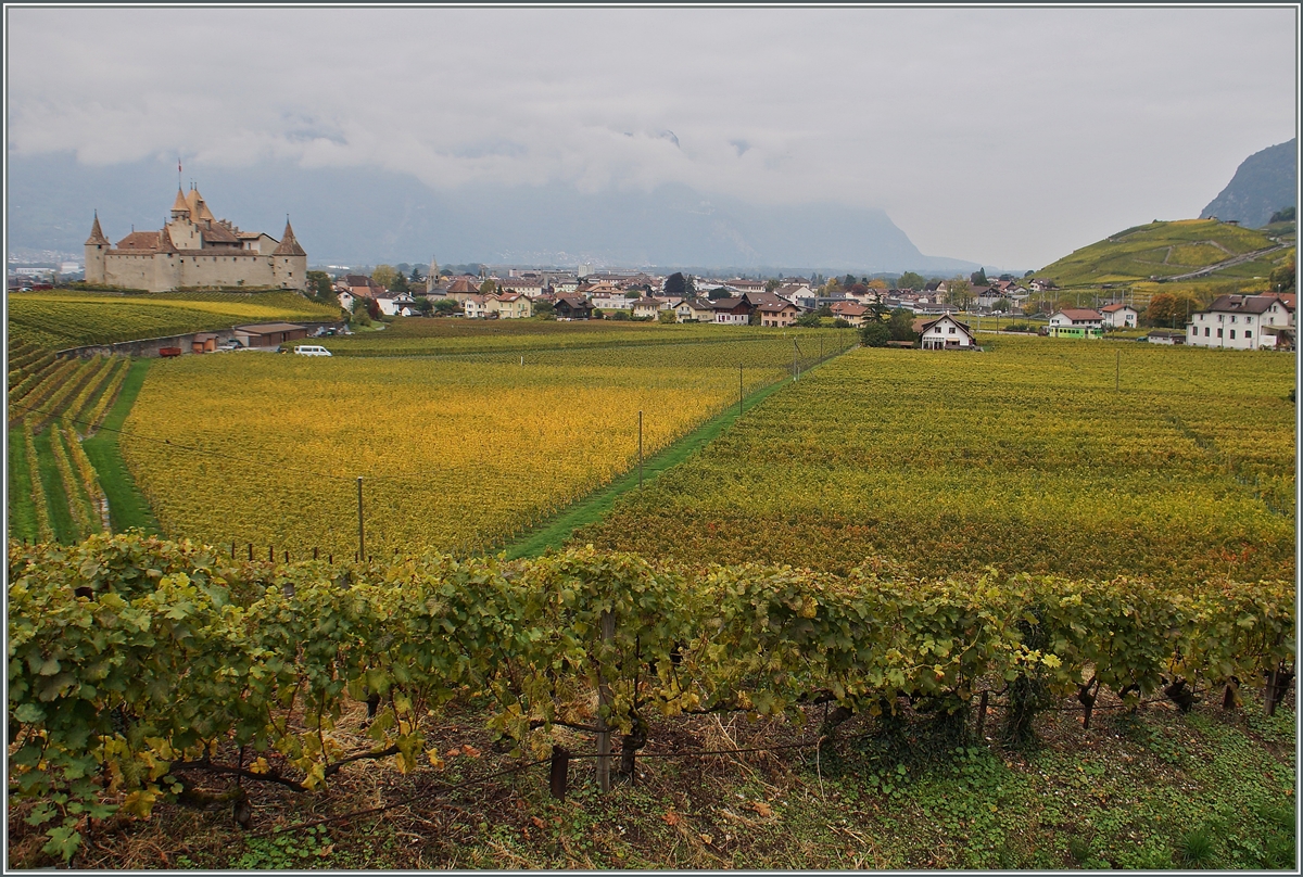 Ein Bahnsuchbild: der ASD BDe 4/4 402 erreicht in Kürze den Bahnhof  Aigle Dépôt ASD . 
14. Okt. 2015