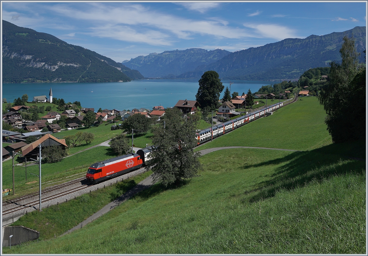 Eine SBB Re 460 mit dem IR 974 von Interlaken nach Basel bei Faulensee. 

19. August 2020