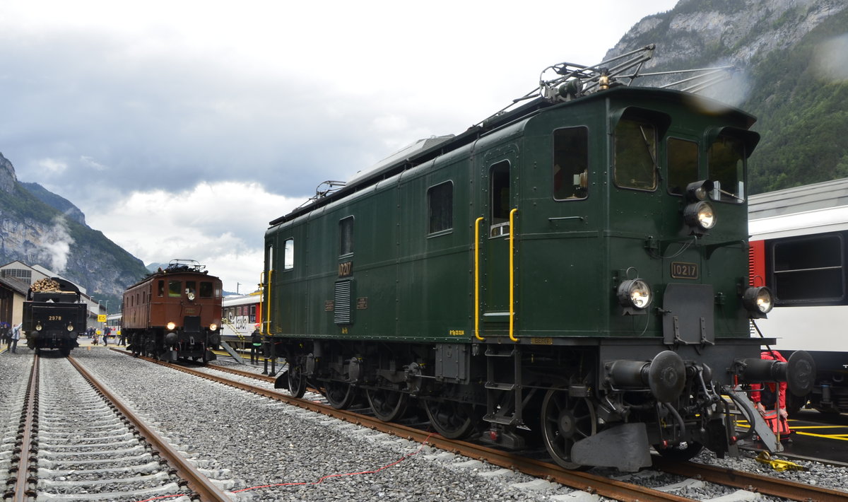 Eröffnung Gotthardbasistunnel 2016. Anlässlich der Feierlichkeiten gab es eine Rollmaterialshow in Erstfeld, hier die SBB Historic Ae 3/5 10217. (04.06.2016)