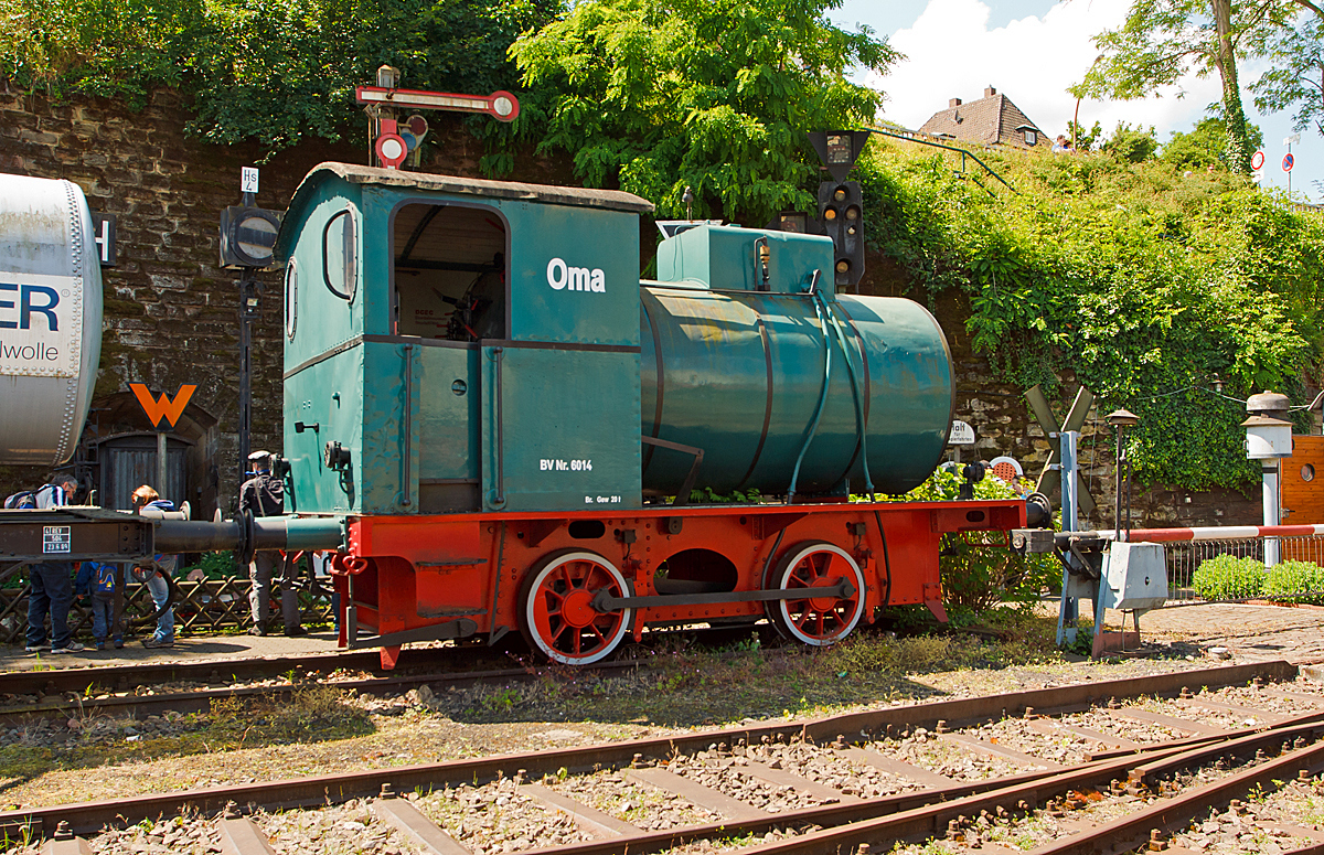 Es gibt nicht nur Oma-Bänke, sondern auch Oma-Loks.....

Dampfspeicherlok  Oma , BV Nr. 6014, am 31.05.2014 im DGEG Museum in Neustadt an der Weinstraße. 

Die Lok vom Typ Barmen wurde 1920 von der Aktiengesellschaft für Lokomotivbau Hohenzollern in Düsseldorf unter der Fabriknummer 4005 gebaut und 1922  Louis Krages GmbH, Bremen-Industriehafen geliefert, 1955 ging sie zur BASF  (Badische Anilin- und Sodafabriken AG) in Ludwigshafen bis sie wiederum an die Aral AG in Bochum verkauft wurde, hier wurde sie als  Oma  BV Nr. 6014 bezeichnet. 1989 wurde sie von der Aral AG an DGEG - Deutsche Gesellschaft für Eisenbahngeschichte (Museum Neustadt) gestiftet.  

In feuergefährdeten Betrieben wurden (vereinzelt auch heute noch) feuerlose Dampfspeicherlokomotiven eingesetzt. Der Kessel wird zu ca. 2/3 mit Heißwasser gefüllt und dann mir Dampf aufgeladen (hier bis 12 bar). Die im Wasser gespeicherte Wärme wird mit sinkendem Kesseldruck wieder in Dampf umgewandelt. Da die im Wasser gespeicherte Wärme und der Kesseldruck bei diesem Verfahren ständig abnehmen, sind die Loks so konstruiert, dass sie noch mit einem Druck von ca. 2 bar fahren können. 

Mit einer Füllung kann die Lok, je nach Belastung, 2 bis 3 Stunden rangieren. 

TECHNISCHE DATEN: 
Spurweite: 1.435 mm 
Bauart: B n2 
Länge über Puffer: 7.020 mm 
Treib- und Kuppelraddurchmesser: 880 mm 
Zylinderdurchmesser: 300 mm 
Kolbenhub: 400 mm 
Steuerung: Joy 
Kesseldruck (max): 12 bar 
Dienstgewicht: 25 t 
Höchstgeschwindigkeit: 40 km/h