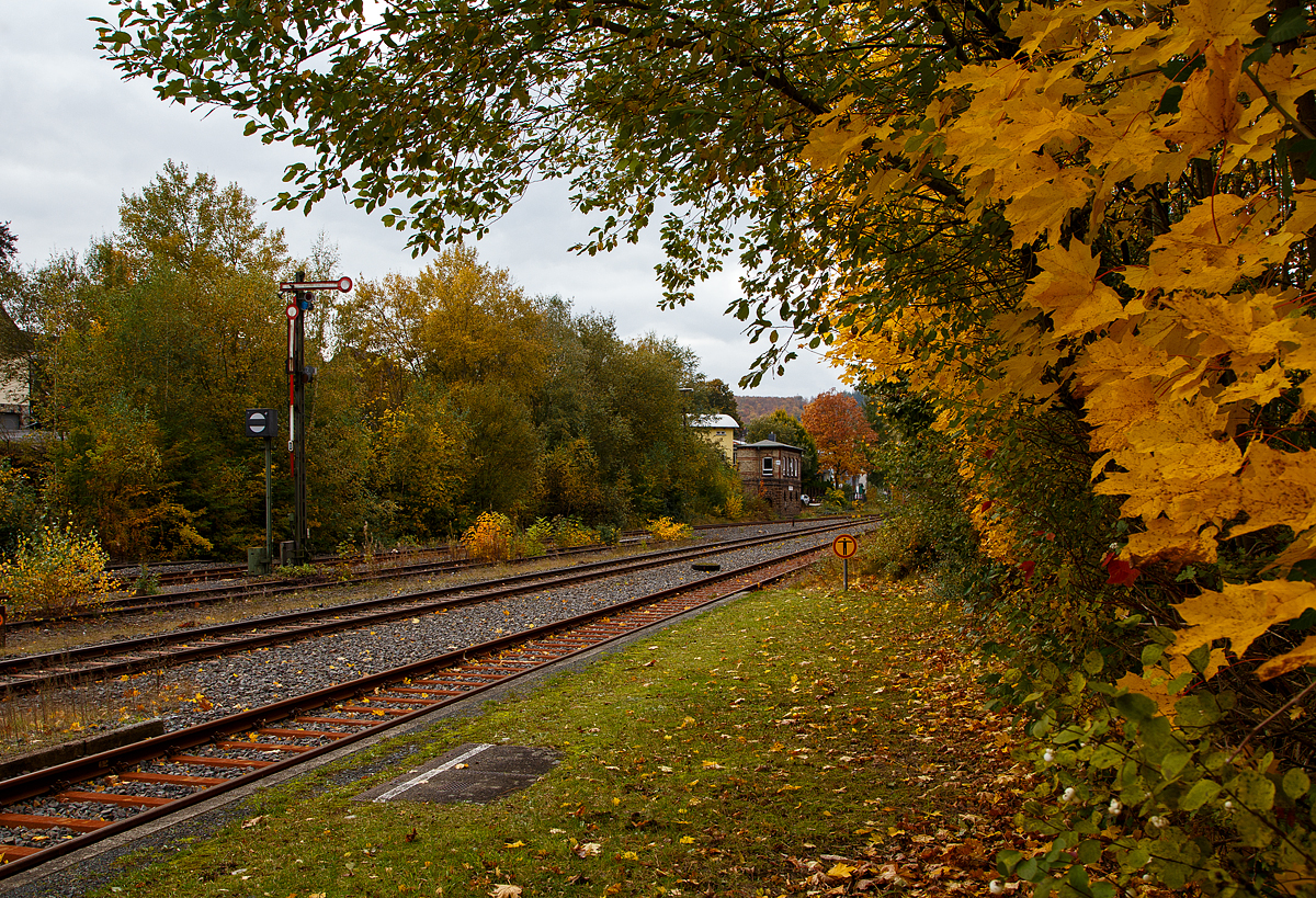 Herbstzeit in Herdorf....
Blick vom Bahnsteig vom Bahnhof Herdorf am 23.10.2021 in Richtung Betzdorf, hinten das Stellwerk Herdorf Fahrdienstleiter (Hf).