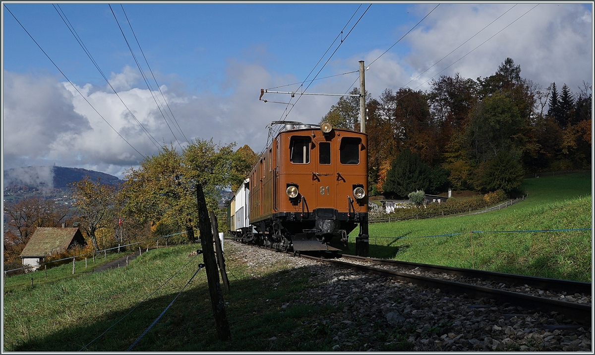  LA DER 2020 du Blonay-Chamby  / Saison Abschluss der Blonay-Chamby Bahn: Mit einem verstärkten Fahrplan und viel Dampf wird vor dem  Winterschlaf  (bzw. Arbeit im DépÔt Chaulin) nochmals viel Betrieb gemacht. Am Samstag war auch die faszinierende Bernina Bahn Ge 4/4 81 mit zwei Zugspaaren im Einsatz; wobei ich froh bin, die Lok bei früheren Gelegenheit fotografiert zu haben, da sie sich dieses Mal etwas im Hintergrund hielt; immerhin verdunkelte die Fotowolke  nur  den bunten Herbstwald im Hintergrund und nicht die Lok.

Bei Chaulin, den 24. Okt. 2020