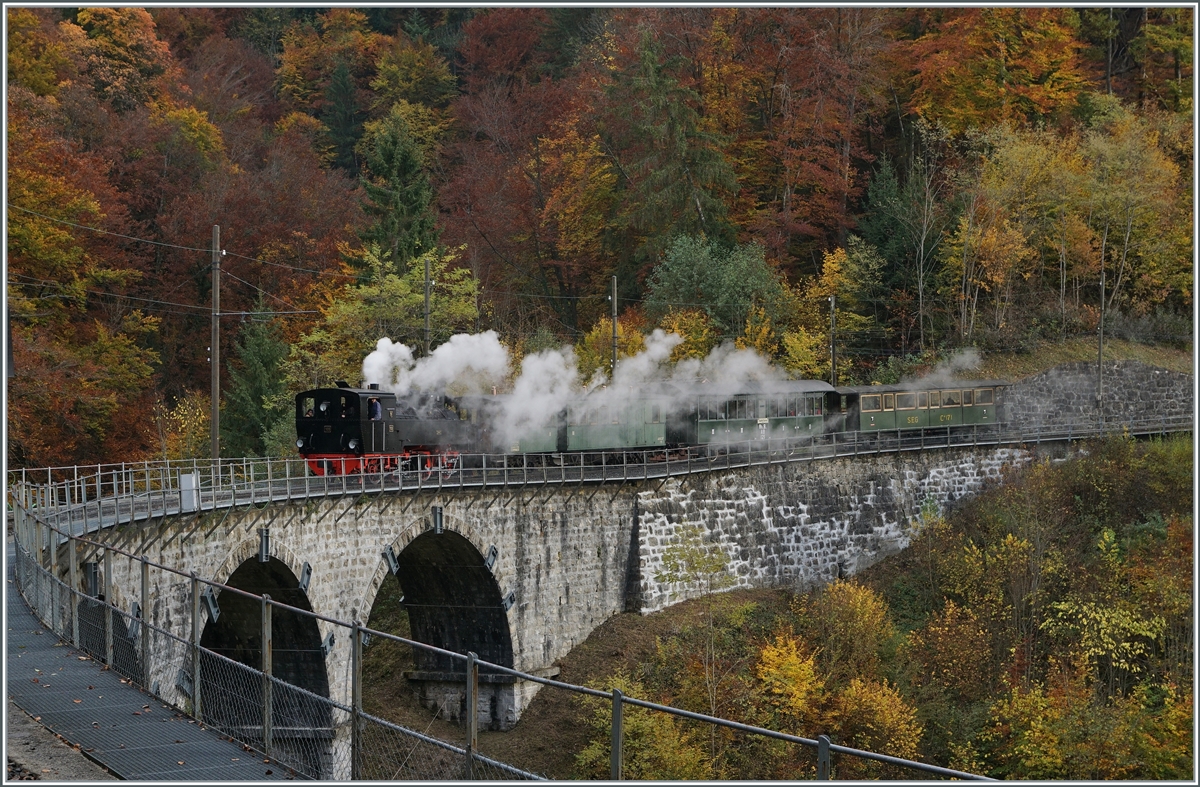 La DER 2021 du Blonay-Chamby - Bei Vers-chez-Robert dampft die Blonay-Chamby G 2x 2/2 105 ist ihrem Zug aus grünen Wagen nun auf den Baye de Clarnes Viadukt. 

30. Oktober 2021