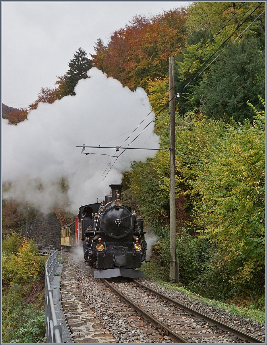 La Dernière du Blonay - Chamby - das 50. Jahre Jubiläum beschliesst die Blonay Chamby Bahn mit einer Abschlussvorstellung: Die BFD HG 3/4 N° 3 mit ihrem Reisezug in der Steigung kurz nach Vers chez Robert auf der Fahrt Richtung Chamby.
28. Oktober 2018