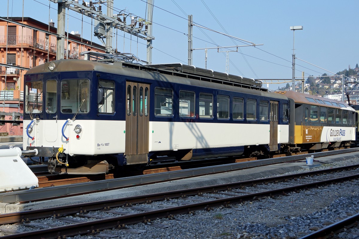 MOB: Be 4/4 1007 (ex ASm Be 4/4 303, ex SNB Be 4/4 85  SOLOTHURN ) mit neuem Anstrich in Montreux abgestellt am 19. M�rz 2015.
Foto: Walter Ruetsch
