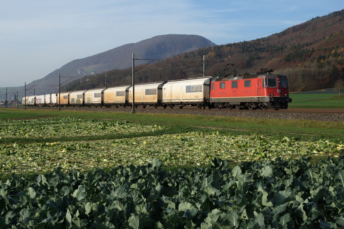 SBB: Lebensmittelzug mit der Re 4/4 II 11185 im solothurnischen G�u unterwegs am 16. November 2015.
Foto: Walter Ruetsch 
