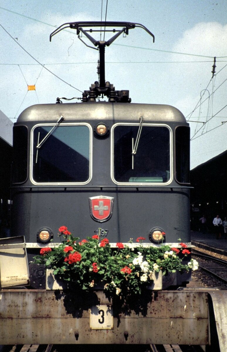 SBB Re 4/4 II Nr.11 197 mit breitem DB-fähigen Stromabnehmerwippe und Blumenschmuck auf dem Prellbock in Lindau Hafen am 15.08.1978.