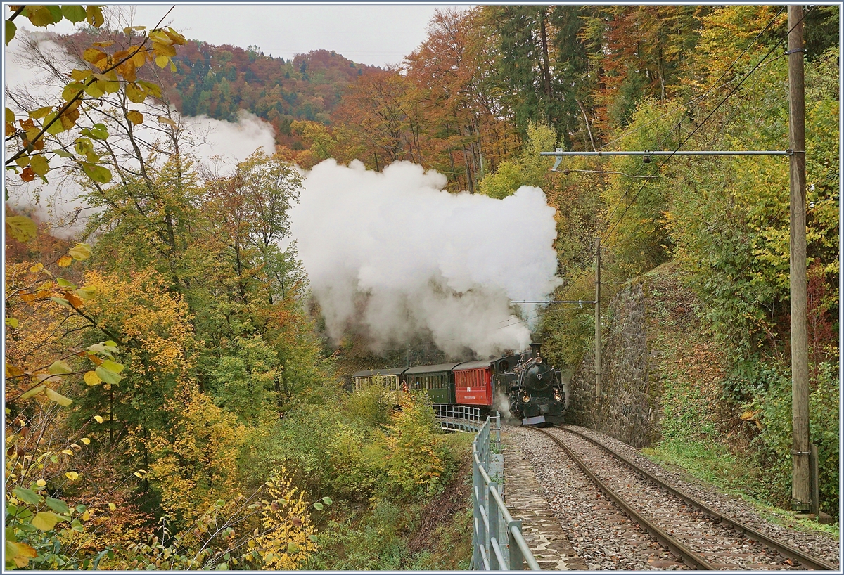 Und es dauerte nicht lange, bis nicht nur der weit sichtbare Rauch, sondern auch die dafür verantwortliche Lok in Bild kamen: Die BFD HG 3/4 N° 3 hat die Baie de Clarens überquert und geht nun die Steigung Richtung Chaulin an. 
Das Bild entstand unweit von Vers chez Robert am 28. Okt. 2018