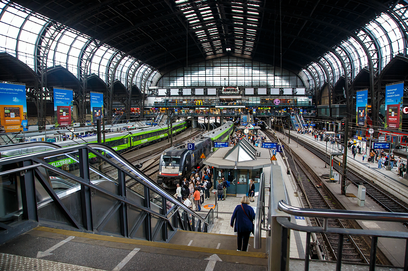 Die an die IGE - Internationale Gesellschaft für Eisenbahnverkehr (Hersbruck) für FlixTrain vermietete schwarze MRCE Dispolok ES 64 U2-005 / LZB 182 505-8 (91 80 6182 505-8 D-DISPO) fährt am 16 Mai 2022, mit dem FlixTrain FLX 35 von Hamburg via Berlin nach Leipzig Hbf, in den Hamburger Hauptbahnhof ein. Links steht bereits der FlixTrain FLX 20 von Hamburg via Bremen, Münster und Düsseldorf nach Köln Hbf.

Die Siemens ES64U2 wurde 2002 von Siemens in München-Allach unter Fabriknummer 20561 gebaut und an die damalige Siemens Dispolok GmbH in München (heute MRCE Dispolok GmbH) geliefert. Sie hat die Zulassungen für Deutschland und Österreich.
