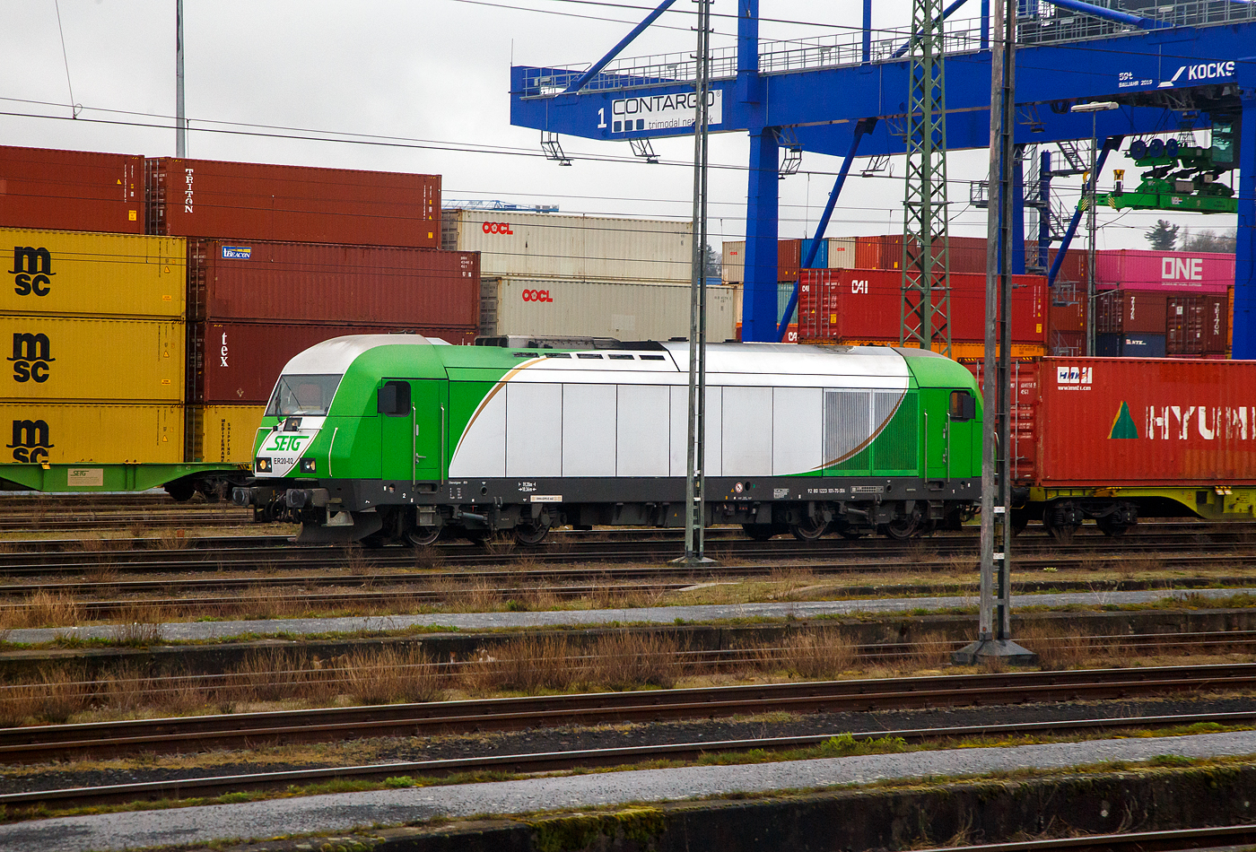 Die ER 20-02 alias 223 101-7 (92 80 1223 101-7 D-SRA) der Salzburger Eisenbahn TransportLogistik GmbH steht am 17.04.2023 mit einem Containerzug beim  Container Terminal Hof (CTH). Innerhalb des Netzwerks der Contargo Combitrac GmbH stellt das Containerterminal in Hof das „Tor zum Osten“ dar. Dank der günstigen geografischen Lage können von Hof aus sowohl Süd- und Mitteldeutschland, als auch Tschechien und Polen innerhalb kurzer Zeit erreicht werden.

Die Siemens ER 20 der Variante BF wurde 2007 von Siemens in München unter der Fabriknummer 21156 gebaut und als OHE 270080 an die Osthannoversche Eisenbahnen AG in Celle geliefert. Von 2012 bis 2017 lief sie dann als 2700 80 für OHE Cargo GmbH (92 80 1223 101-7 D-OHEGO, im März 2017 wurde sie dann an die Salzburger Eisenbahn TransportLogistik GmbH verkauft.

Die  Hercules   hat die Zulassung für Deutschland, Österreich und Tschechien.

TECHNISCHE DATEN:
Spurweite: 1.435 mm
Achsfolge: Bo'Bo'
Länge über Puffer 19.275 mm
Breite: 2.870 mm
Drehzapfenabstand: 10.362 mm
Achsabstand im Drehgestell: 2.700 mm
Treibraddurchmesser: 1.100 mm (neu) / 1.020 mm (abgenutzt)
Dieselmotor: 16-Zylinder-Dieselmotor mit Common-Rail-Einspritzung, zwei Turbolader und Ladeluftkühlung vom Typ 16 V 4000 R41
Leistung: 2.000 kW
Nenndrehzahl: 600 - 1.800 U/min
Leistungsübertragung:  dieselelektrisch
Höchstgeschwindigkeit: 140 km/h
Leergewicht: 80 t
Kleinster bef. Halbmesser: 100 m
Zugheizung: 400 kW
Anfahrzugkraft: 235 kN
Tankinhalt bei Variante BF: 4.000 Liter (BU 2.500 Liter)

