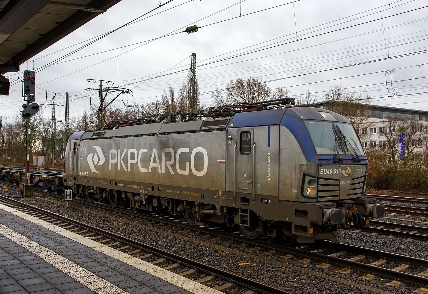 Die EU46-513 / 193-513 / 5 370 025-6  (91 51 5370 025-6 PL-PKPC der PKP Cargo S.A. (Warschau), f�hrt am 14 Februar 2024, mit einem G�terwagen-Leerzug (bestehend aus Containertrag- und Flachwagen), durch den Hbf Hamm (Westfalen) in Richtung Osten.

Die Siemens Vectron MS wurde 2017 von Siemens Mobility GmbH in M�nchen-Allach unter der Fabriknummer  22175 gebaut und an die PKP Cargo S.A. (Warschau) geliefert. Diese Vectron Lokomotive ist als MS – Lokomotive (Mehrsystemlok) mit 6.400 kW konzipiert und in der Version A 10 zugelassen f�r Polen, Deutschland, �sterreich, Ungarn, Tschechien, Slowakei und die Niederlande (PL/D/A/H/CZ/SK/NL), sie hat eine zul. H�chstgeschwindigkeit von 160 km/h.