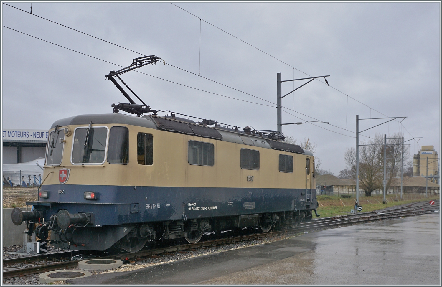 Die von Morges gekommene IRSI/IGE  Rheingold  Re 4/4 II 11387 (Re 421 387-2) verl�sst in Gland die Strecke nach Gen�ve und f�hrt in �ber ein Industriegleis in Richtung Kieswerk, um dort ihren Zug nach Apples abzuholen. Die angemietete IRSI/IGE Re 4/4 II 11387 (Re 421 387-2) ersetzt die zur Zeit in der Revision in Bellinzona weilende BAM MBC MBC Re 420 506.
Das schlechte Wetter hatte den Vorteil, nicht in den Konflikt mit dem Gegenlicht zu kommen, doch Regentropfen auf der Linse verdarben doch das eine oder andere Bild. Und auch auf diesem Bild tr�bt ein Rgen-Tropfen das Vergn�gen.

22. Feb. 2024