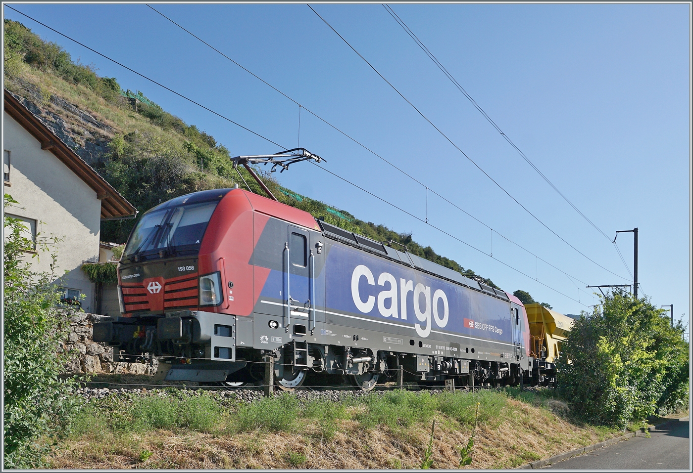 Die SBB 193 056 hat zwischen den zwei Sträuchern gerade noch Platz. Sie ist  auf der Fahrt in Richtung Cornaux und konnt Eingang Ligerz fotografiert werden.

11. Juli 2025