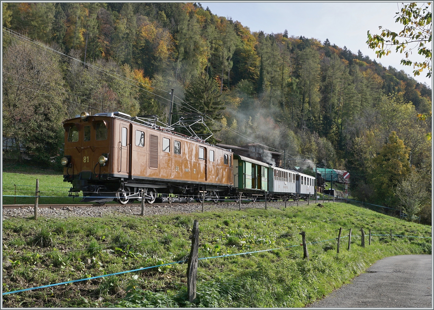 Die schöne Bernina Bahn RhB Ge 4/4 81 der Blonay Chamby Bahn ist mit einem Reisezug bei Chaulin vor dem Hintergrund des B-C Museums und etwas Gegenlicht auf der Fahrt nach Blonay. 

30. Okt. 2022