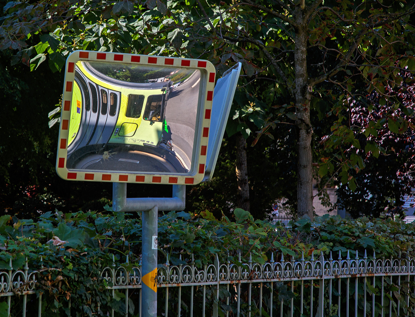 Ein kleines Spiegelbild des AL Bt 363
Unterwegs mit dem elektrischen Personentriebwagen mit Gepäckabteil für den gemischten Zahnrad- und Adhäsionsbetrieb tpc AL BDeh 4/4 313 „La Berneuse“ den beiden AL Steuerwagen AL Bt 362 und AL Bt 363 am 08 September 2023 von Leysin hinab. Wir fahren nun als Straßenbahn durch Aigle.