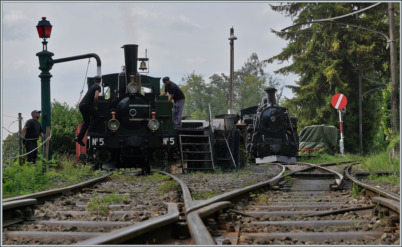 In Chaulin wird die G 3/3 No 5 mit Wasser und Kohle versorgt, während im Hintergrund die HG 3/4 kalt abgestellt pausiert. 

4. Aug. 2024
