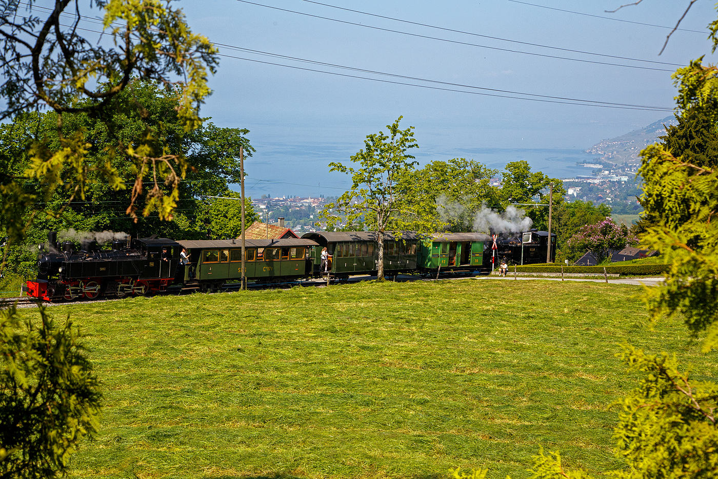 Pfingsten 2023 (Samstag 27. bis Montag 29. Mai 2023) fand bei der Museumsbahn Blonay–Chamby das Schweizer Dampffestival 2023 / Festival suisse de la Vapeur 2023 statt.

Der Dampfzug der Museumsbahn Blonay-Chamby f�hrt am 27.05.2023 im Sandwich vom Museum Chaulin nach Blonay hinab. Vorne gef�hrt von der Dampflokomotive f�r gemischten Adh�sions- und Zahnradbetrieb HG 3/4 ex B.F.D. 3 (Brig–Furka–Disentis-Bahn), ex F.O. 3, dahinter der Post- und Gep�ckwagen CEG FZ 36, der 1./2. Klasse Abteilwagen RhB AB 121, der 3. Klasse Gro�raumwagen SEG 171 und am Zugschluss der Mallet-Dampflok G 2x2/2 SEG 105  Todtnau“.

Unten im Hintergrund kann man den Genfersee erkennen.
