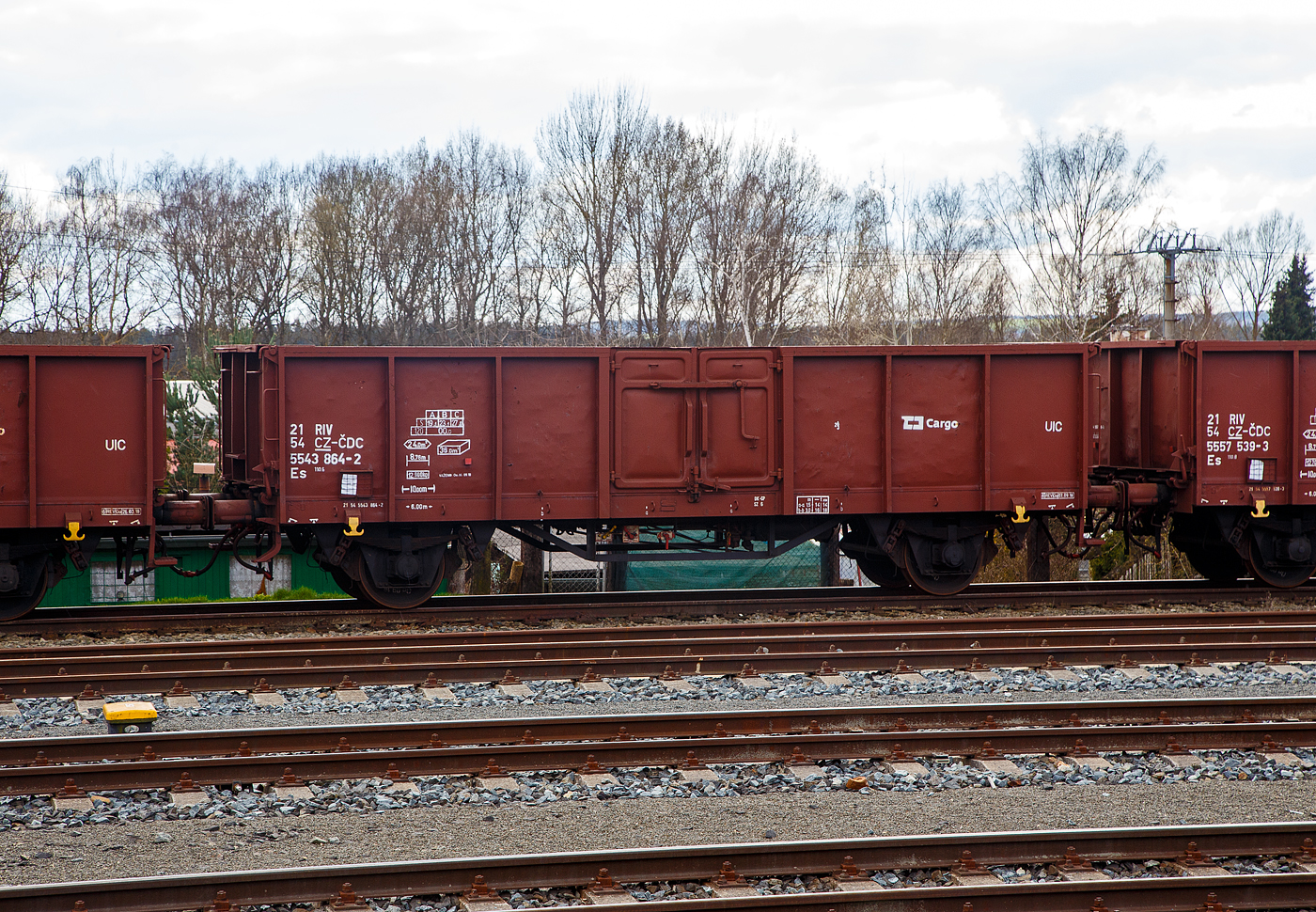 Zweiachsiger offener Wagen (Hochbordwagen), 21 54 5543 864-2 CZ- ČDC Gattung Es 110.6 (entspr. etwa Es 050, ex Gattung Omm 55) der ČDC - České dráhy Cargo, abgestellt am 19.04.2023 beim Bahnhof Mariánské Lázně (Marienbad).

Der Wagen scheint mittels Waggonkippanlage stirnkippbar zu sein, dafür hat er klappbare Stirnklappen. 

TECHNISCHE DATEN:
Spurweite: 1.435 mm (Normalspur)
Länge über Puffer: 10.000 mm
Achsabstand: 6.000 mm
Ladelänge:  8.760 mm
Ladehöhe: 1.500 mm
Lichte Türbreite: 1.800 mm
Ladefläche: 24,0 m²
Laderaum:  36,0 m³
Höchstgeschwindigkeit: 100 km/h (beladen) / 120 km/h (leer)
Maximales Ladegewicht: 27,0 t ab Streckenklasse C
Eigengewicht: 12.900 kg
Bremse: DK-GP (DAKO)
Handbremse: Nein
Intern. Verwendungsfähigkeit: RIV
