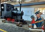 Lok Emma und Jim Knopf mit Lukas, dem Lokomotivführer im Bahnpark Augsburg am 26.06.2022.