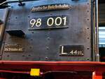 Beschilderung 98 001 der Windbergbahn im Technikmuseum in Chemnitz am 19.04.2017.