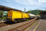   Die 203 302-5 (92 80 1203 302-5 D-DB) der DB Netz AG, ex DR 202 555-9, ex DR 112 555-8, ex DR 110 555-0, schiebt nun am Endes des Zuges, am 10.06.2016 den Unkrautspritzzug der Bayer CropScience