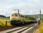   Die 216 224-6 der EBM Cargo (Gummersbach) kommt mit einem Schwellenzug am 29.07.2011 von Siegen über das Baugleis in Wilnsdorf-Rudersdorf (KBS 445).