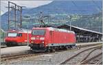 Die DB 185 104-7 verlässt als Lokzug den Bahnhof von Brig. 

12. Sept. 2024