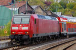   Die 146 002-1 (91 80 6146 002-1 D-DB) der DB Regio erreicht am 04.05.2019, mit dem RE 9 (rsx - Rhein-Sieg-Express) Aachen - Köln - Siegen, den Bahnhof Betzdorf (Sieg).