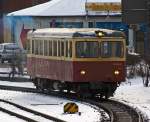 Ein Unikat mit einer sehr wechselhaften Geschichte, der Schmalspur (1.000 mm) Dieseltriebwagen 187 012 der HSB, ex T15 der MEG, ex WEG T35, ex VT3 der Langeooger Inselbahn,   hier am 23.03.2013 als