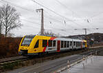 Der VT 503 (95 80 1648 103-7 D-HEB / 95 80 1648 603-6 D-HEB), ein Alstom Coradia LINT 41 der neuen Generation, der HLB (Hessische Landesbahn GmbH), f�hrt am 23.12.2022, als RB 95  Sieg-Dill-Bahn 