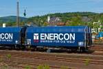 Drehgestellflachwagen mit vier Rads�tzen, verschiebbarem Planenverdeck und Lademulden f�r Coiltransporte (Schiebeplanenwagen) der Gattung Shimmnss (33 TEN-RIV 84 NL-ORWU 4675 027-7) der ENERCON GmbH